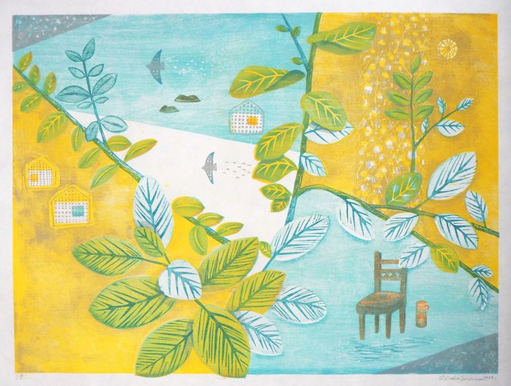 木版画「フェイジョアの森で待つ」